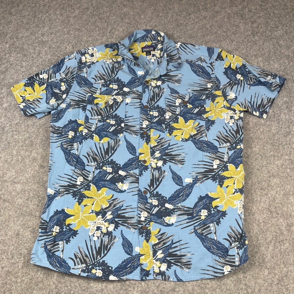 Patagonia Mens Steersman Shirt Organic Cotton Floral Tropical Short Sleeve Large